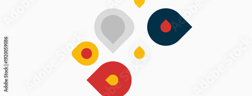 Colorful droplets scattered across white background. Simple shapes create abstract design, modern aesthetic. Minimalist composition.