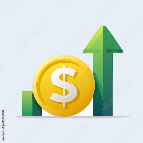 Gold dollar coin with a green arrow pointing up representing financial growth.