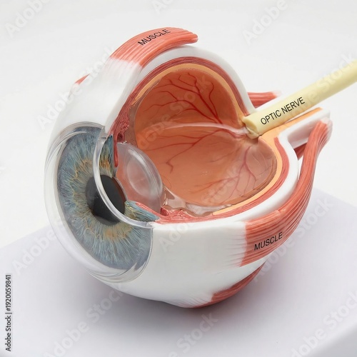 Detailed anatomical model of human eye showing iris cornea lens retina optic nerve muscles realistic medical illustration