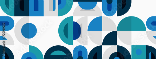Geometric pattern features overlapping blue, teal, gray shapes. Circles, semicircles, rectangles create modern design. Simple, clean aesthetic.
