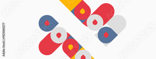 Abstract graphic design. Colorful shapes overlap, creating dynamic composition. Red, blue, yellow, gray elements present. Minimalist style.