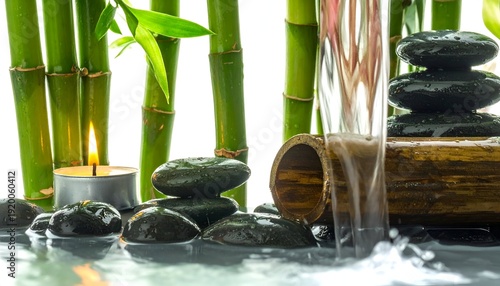 Zen spa scene bamboo, candle, stones, water, calm