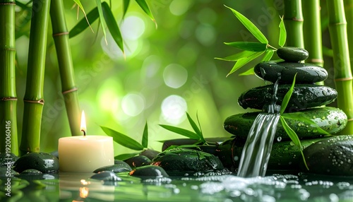 Tranquil spa scene with bamboo, stacked stones, candle, and flowing water