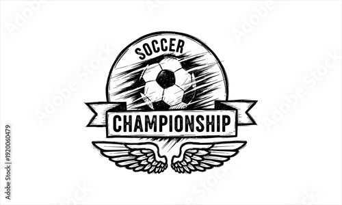 Hand-drawn soccer championship emblem with ball, banner, and wings.