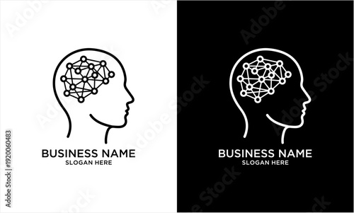 Human head with brain network logo design.