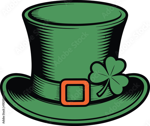  Classic Green Leprechaun Top Hat with Gold Buckle and Shamrock, St. Patrick's Day Vector Illustration