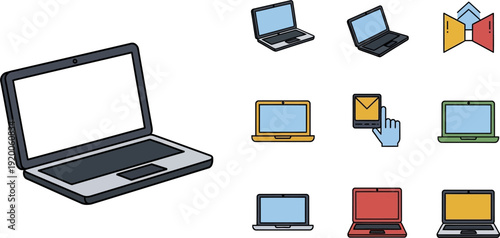 Collection of various laptop models and colors with different screens and designs arranged for technology and electronics themes