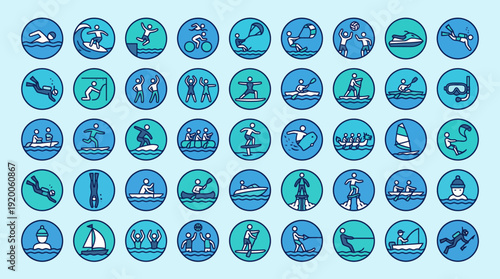 Blue circular line icons set depicting ocean life, marine activities, and sea imagery for travel, design, and branding.