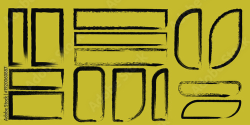A collection of hand drawn black brush stroke shapes and frames on a mustard yellow backdrop