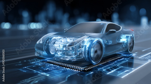 Global automotive semiconductor industry concept with abstract 3D car wireframe, high-tech vehicle power system and digital electronic components on integrated circuit
