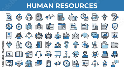 Comprehensive human resources icon set featuring recruitment, onboarding, payroll, training, benefits, performance management, and employee management for HR workflows.
