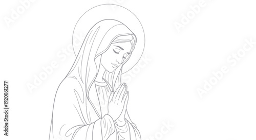 Virgin Mary Praying with Halo, Religious Illustration Line Art