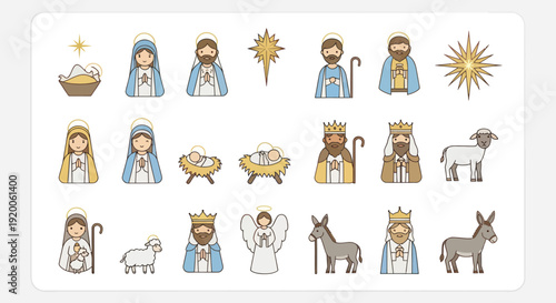 Christmas Nativity Scene Icons Set: Mary, Joseph, Baby Jesus, Angels, Shepherds, Kings, Animals