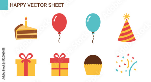 Birthday Party Elements: Cake, Balloons, Gifts, Hat, Confetti - Vector Icon Set