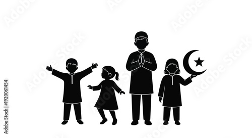 Muslim family with crescent moon a striking black silhouette