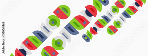 Colorful circles, squares, rectangles overlap diagonally. Bright hues create playful pattern. Simple geometric shapes dominate composition.