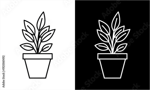 Minimalist Line Art Illustration of a Potted Plant on White and Black Backgrounds.