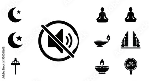 Collection of Diverse Icons: Moon, Star, Muted Speaker, Yoga, Temple, Lamp, Umbrella, No Entry