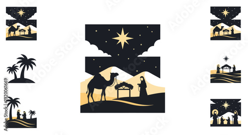 Nativity Scene Silhouette Collection: Camel, Star, Manger, Palm Trees