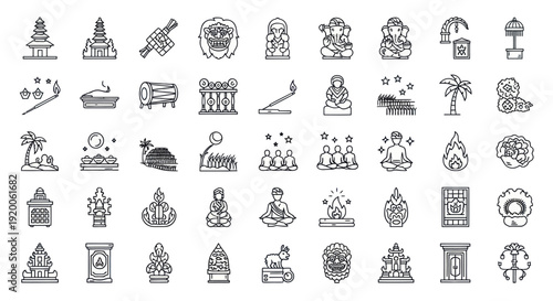 Collection of Line Art Icons: Asia, Spirituality, Culture, Travel, Yoga