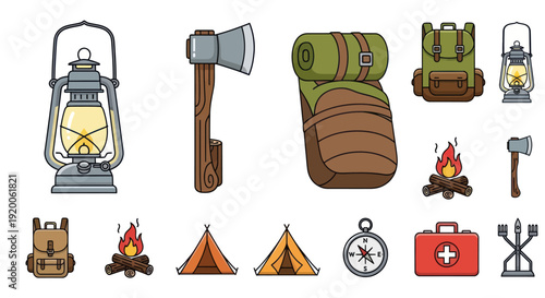 Camping Gear Icons: Lantern, Axe, Backpack, Tent, Compass, First Aid Kit, Campfire