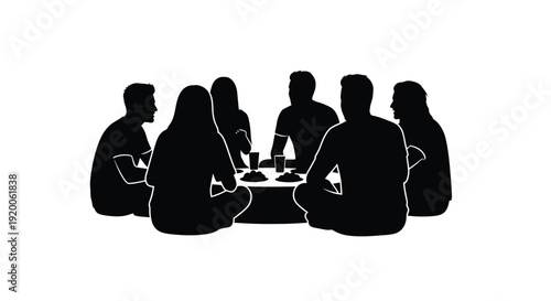 Group of people seated around a table in stark silhouette