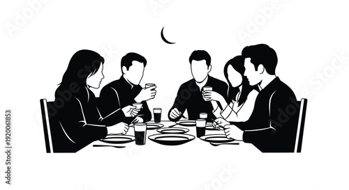 People gathered around a table for a meal black silhouette