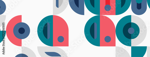 Geometric pattern features overlapping circles, semicircles. Colors include red, blue, teal, gray, white. Minimalist design creates repeating texture.