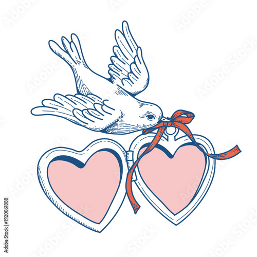 Vintage Bird with Heart Locket and Ribbon, Drawing Bird with Double Heart Locket, Valentines day, Romantic element for wedding, invitations, greeting cards, scrapbook, decorative etc.