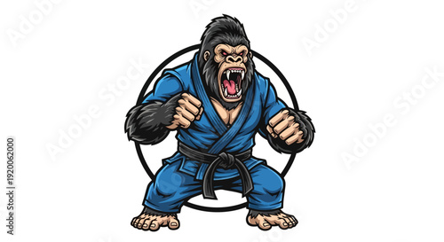 Aggressive Gorilla Martial Arts Mascot Logo in Blue Gi Vector Illustration