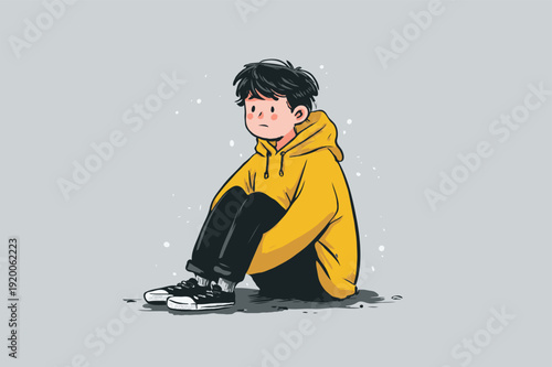 Sad boy sitting curled up in cartoon style on a grey background, expressing loneliness and emotional isolation