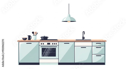 Modern Kitchen Interior With Stove Sink And Cabinets.