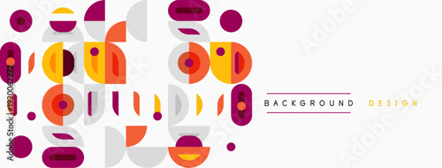 Abstract shapes, circles, rectangles, lines create modern background. Soft colors, minimalist style, geometric patterns present design element.