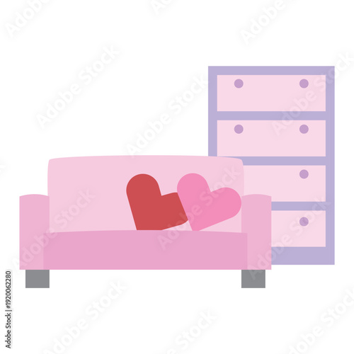 	ハートのクッションがあるソファとチェストのイラスト