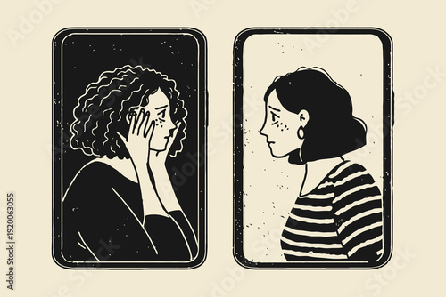 Two women communicating through phone screens in sketch style on light background showing concept of connection