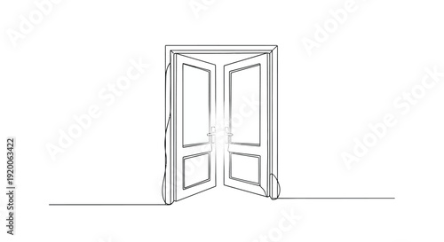 Open double doors with glowing light, continuous black line drawing
