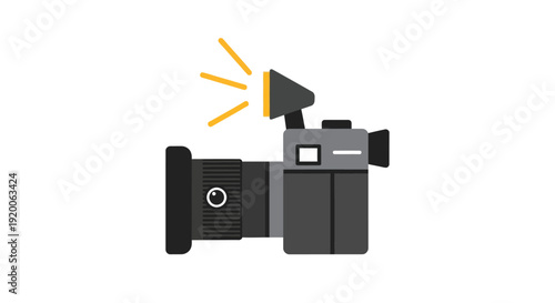 A camera illustration with flash firing, viewed from the side, showcasing technology and photography equipment in a simple, graphic style.