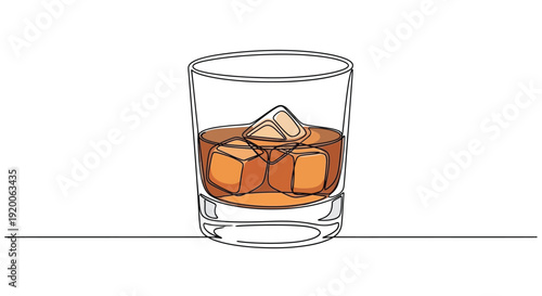 Whiskey Glass with Ice Line Art, Single Malt Drink Icon