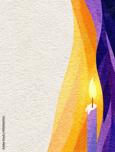 Peaceful protest scene with single candle burning during vigil, warm yellow and purple abstract background, symbolizing hope and unity