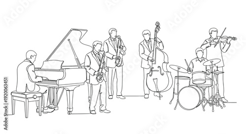 Jazz Band Performing Live Music Line Drawing, Musicians Playing Instruments