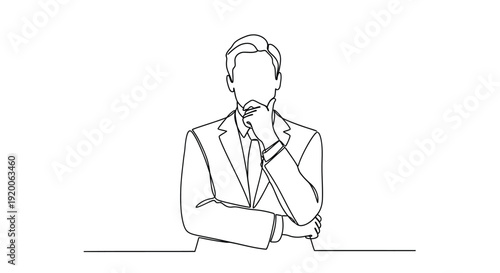 Thoughtful Businessman Line Drawing, Man in Suit Contemplating