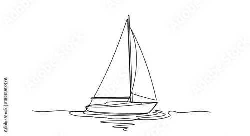 Sailboat on Water Line Art, Nautical Vessel Illustration