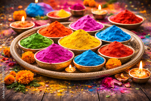 Colorful Holi Gulal Powder Bowls With Diya Lamps on Traditional Tray