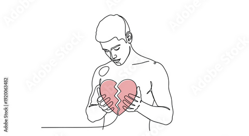 Broken Heart Line Art, Man Holding Heart Symbolizing Heartbreak