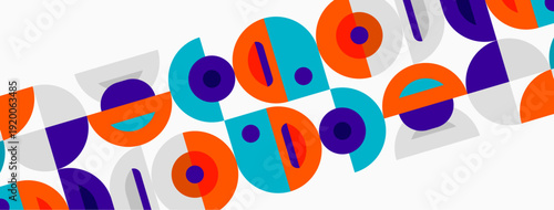 Abstract geometric pattern. Circles, squares repeat diagonally across white background. Bright colors create playful visual texture.