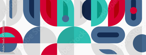 Abstract geometric pattern. Shapes overlap, creating colorful visual texture. Modern design with blue, red, teal hues.