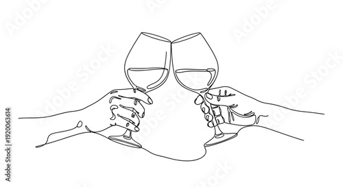 Two Hands Clinking Wine Glasses in Continuous Line Art