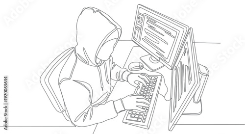Hacker in Hoodie Typing on Dual Monitors in Continuous Line Art