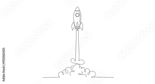 Rocket Launching Upwards with Smoke Trail, Single Line Art