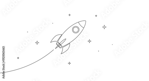 Rocket Flying Through Stars in Minimalist Single Line Art